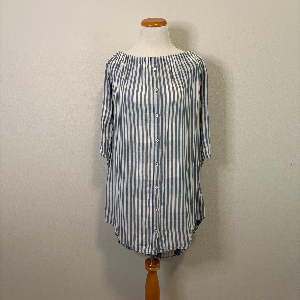 Anthropologie Cloth & Stone Striped Off Shoulder Tunic Shirt Dress Spring Large - Picture 3 of 8